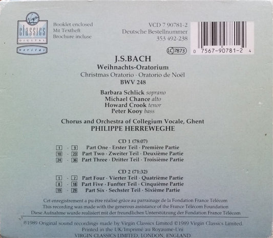 Johann Sebastian Bach - Barbara Schlick, Michael Chance, Howard Crook, Peter Kooij, Collegium Vocale, Philippe Herreweghe : Weihnachts-Oratorium = Christmas Oratorio = Oratorio De Noël (2xCD)