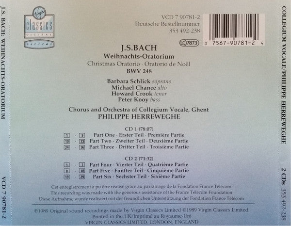 Johann Sebastian Bach - Barbara Schlick, Michael Chance, Howard Crook, Peter Kooij, Collegium Vocale, Philippe Herreweghe : Weihnachts-Oratorium = Christmas Oratorio = Oratorio De Noël (2xCD)