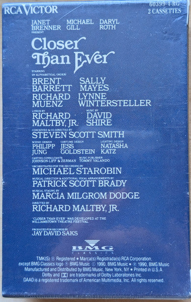 Richard Maltby Jr. & David Shire : Closer Than Ever - Original Cast Recording (2xCass, Album)