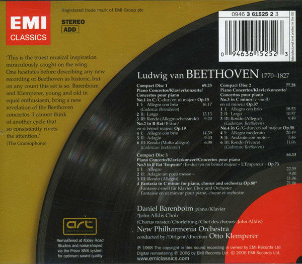 Ludwig van Beethoven - Daniel Barenboim, John Alldis Choir, New Philharmonia Orchestra, Otto Klemperer : Piano Concertos 1-5 / Choral Fantasia (3xCD, Album, RE, RM)