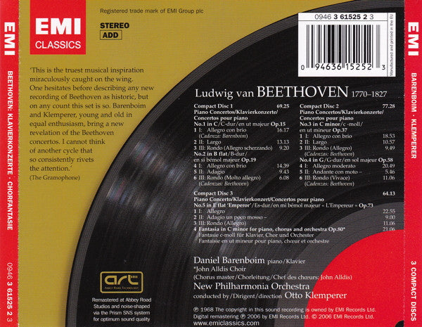 Ludwig van Beethoven - Daniel Barenboim, John Alldis Choir, New Philharmonia Orchestra, Otto Klemperer : Piano Concertos 1-5 / Choral Fantasia (3xCD, Album, RE, RM)