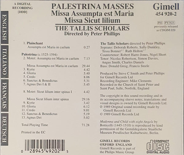 Giovanni Pierluigi da Palestrina, The Tallis Scholars, Peter Phillips (2) : Masses: Missa Assumpta Est Maria / Missa Sicut Lilium (CD, Album, RE)