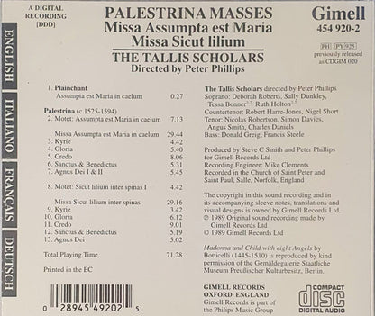 Giovanni Pierluigi da Palestrina, The Tallis Scholars, Peter Phillips (2) : Masses: Missa Assumpta Est Maria / Missa Sicut Lilium (CD, Album, RE)