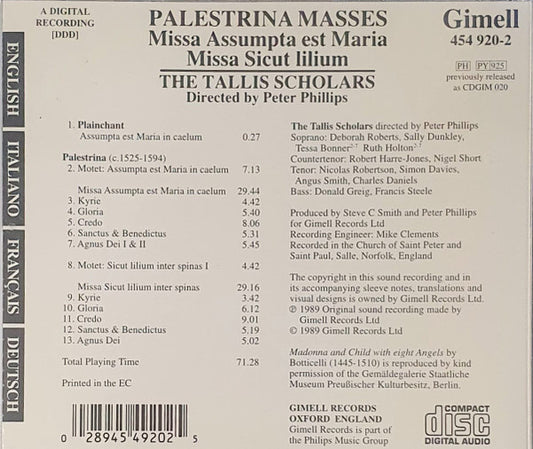 Giovanni Pierluigi da Palestrina, The Tallis Scholars, Peter Phillips (2) : Masses: Missa Assumpta Est Maria / Missa Sicut Lilium (CD, Album, RE)