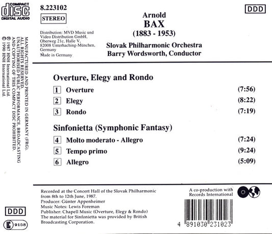 Arnold Bax, Slovak Philharmonic Orchestra, Barry Wordsworth : Sinfonietta • Overture, Elegy And Rondo (CD)
