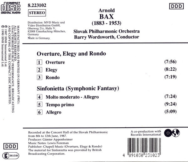 Arnold Bax, Slovak Philharmonic Orchestra, Barry Wordsworth : Sinfonietta • Overture, Elegy And Rondo (CD)