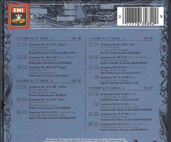 Wolfgang Amadeus Mozart, Daniel Barenboim, Sir Thomas Beecham, Herbert von Karajan, Otto Klemperer, Rafael Kubelik, Sir Neville Marriner, Riccardo Muti, Jeffrey Tate : Symphonien (4xCD, Comp)