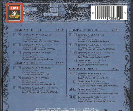Wolfgang Amadeus Mozart, Daniel Barenboim, Sir Thomas Beecham, Herbert von Karajan, Otto Klemperer, Rafael Kubelik, Sir Neville Marriner, Riccardo Muti, Jeffrey Tate : Symphonien (4xCD, Comp)