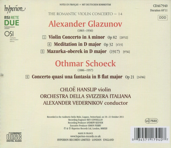 Alexander Glazunov · Othmar Schoeck - Chloë Hanslip, Orchestra Della Radio Televisione Della Svizzera Italiana, Alexander Vedernikov : Violin Concertos (CD, Album)