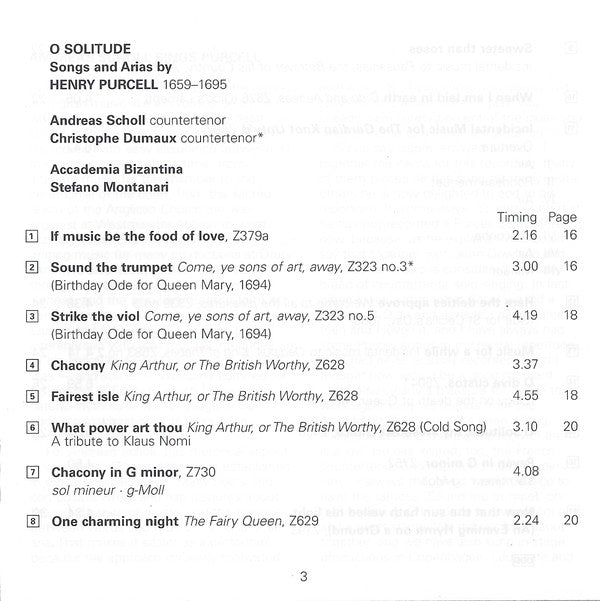 Andreas Scholl  -  Henry Purcell ,  Accademia Bizantina ,  Stefano Montanari : O Solitude (CD, Album)
