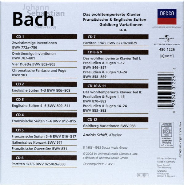 Johann Sebastian Bach, András Schiff : Das Wohltemperierte Klavier / Französische & Englische Suiten / Goldberg - Variationen U. A. (Box + 12xCD, Comp)