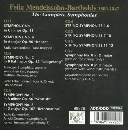 Felix Mendelssohn-Bartholdy : The Complete Symphonies (7xCD + Box, Comp)