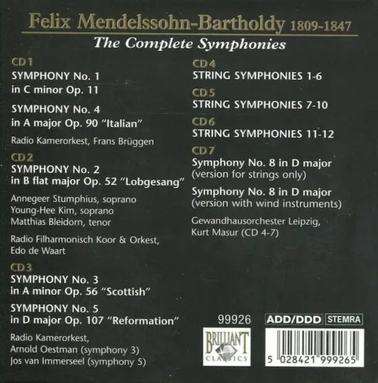 Felix Mendelssohn-Bartholdy : The Complete Symphonies (7xCD + Box, Comp)