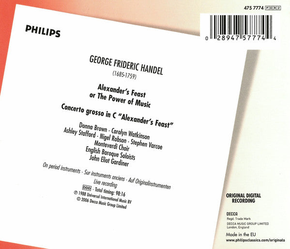 Georg Friedrich Händel - Carolyn Watkinson · Nigel Robson · Donna Brown · Ashley Stafford · Stephen Varcoe · The Monteverdi Choir · The English Baroque Soloists · John Eliot Gardiner : Alexander's Feast (2xCD, Album, RE)