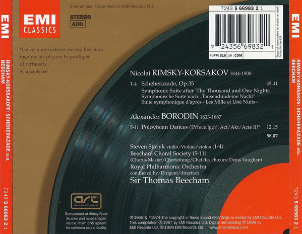 Nikolai Rimsky-Korsakov / Alexander Borodin, Sir Thomas Beecham, Royal Philharmonic Orchestra : Scheherazade / Polovtsian Dances ('Prince Igor') (CD, Comp, RE, RM)