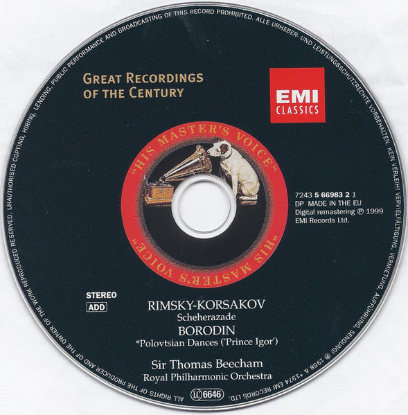 Nikolai Rimsky-Korsakov / Alexander Borodin, Sir Thomas Beecham, Royal Philharmonic Orchestra : Scheherazade / Polovtsian Dances ('Prince Igor') (CD, Comp, RE, RM)