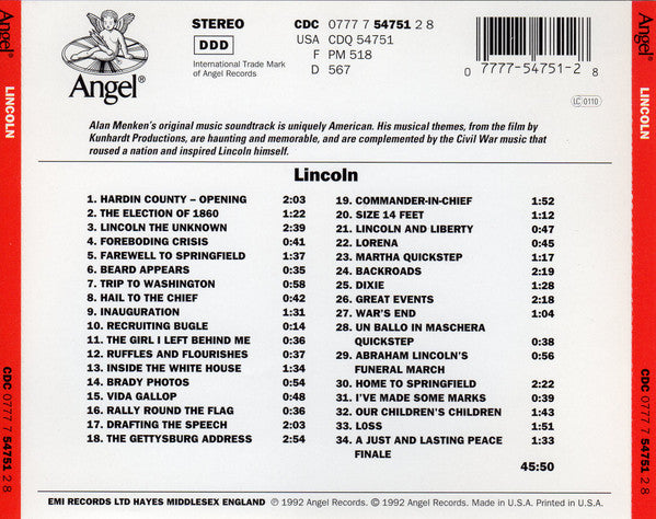 Alan Menken : Lincoln (Original Soundtrack Recording) (CD, Album)