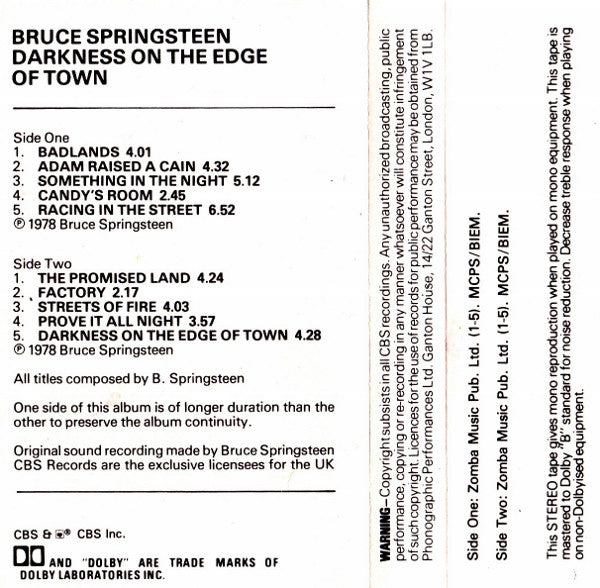 Bruce Springsteen : Darkness On The Edge Of Town (Cass, Album, RE)