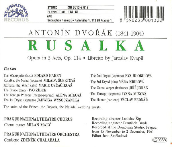 Antonín Dvořák • Milada Šubrtová • Ivo Žídek • Eduard Haken • Orchestr Národního Divadla • Zdeněk Chalabala : Rusalka (Opera in 3 Acts, Op.114) (Box, Album + 2xCD)
