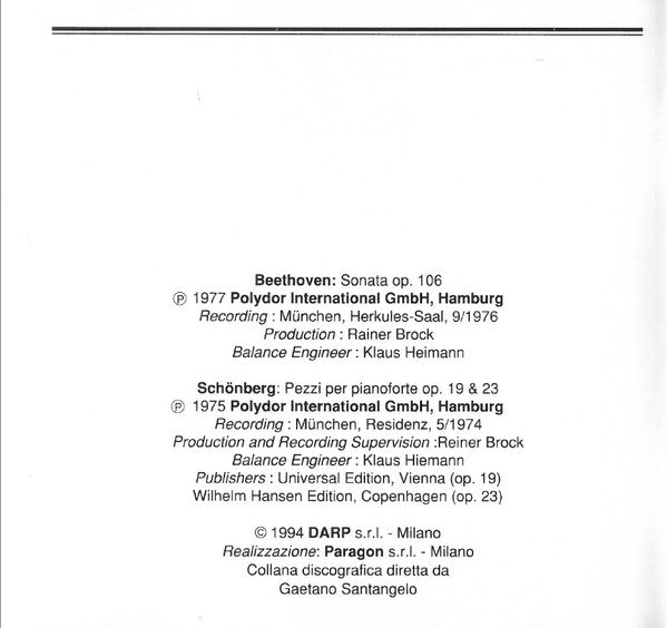 Ludwig van Beethoven, Arnold Schoenberg - Maurizio Pollini : Beethoven: Sonata Op. 106 «Hammerklavier»; Schönberg: Pezzi Per Pianoforte Op. 19 E Op. 23 (CD, Comp)