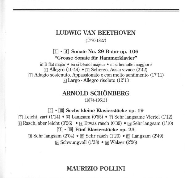 Ludwig van Beethoven, Arnold Schoenberg - Maurizio Pollini : Beethoven: Sonata Op. 106 «Hammerklavier»; Schönberg: Pezzi Per Pianoforte Op. 19 E Op. 23 (CD, Comp)