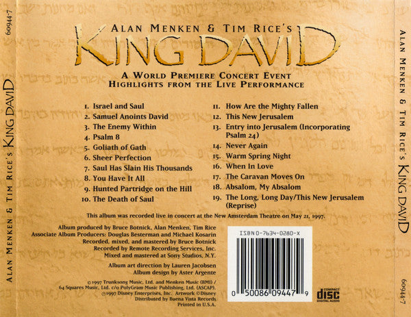 Various : Alan Menken & Tim Rice's King David (A World Premiere Concert Event - Highlights From The Live Performance) (CD, Album)
