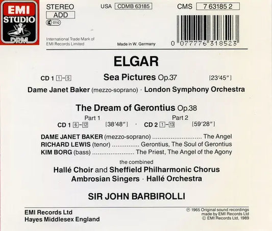 Sir Edward Elgar, Janet Baker, Richard Lewis (3), Kim Borg, Hallé Choir, Sheffield Philharmonic Chorus, The Ambrosian Singers, Hallé Orchestra, London Symphony Orchestra, Sir John Barbirolli : The Dream Of Gerontius / Sea Pictures (2xCD, Album, Comp, RM)