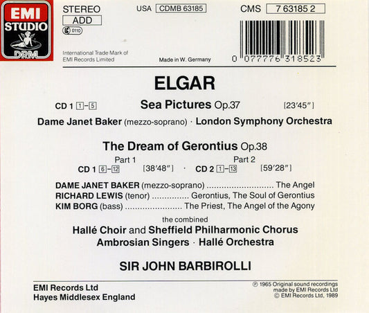 Sir Edward Elgar, Janet Baker, Richard Lewis (3), Kim Borg, Hallé Choir, Sheffield Philharmonic Chorus, The Ambrosian Singers, Hallé Orchestra, London Symphony Orchestra, Sir John Barbirolli : The Dream Of Gerontius / Sea Pictures (2xCD, Album, Comp, RM)