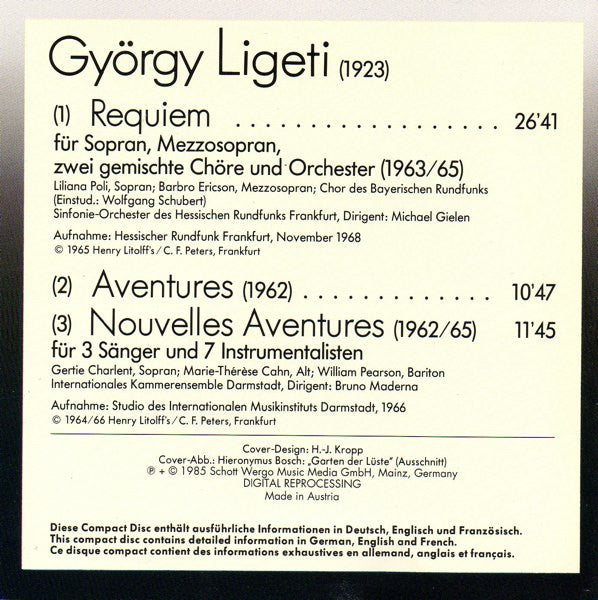 György Ligeti : Requiem / Aventures / Nouvelles Aventures (CD, Comp, RE)