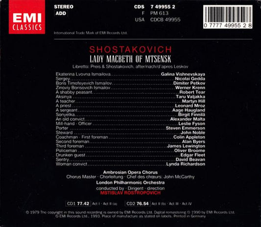 Dmitri Shostakovich - Galina Vishnevskaya, Nicolai Gedda, Dimiter Petkov, The Ambrosian Opera Chorus, London Philharmonic Orchestra, Mstislav Rostropovich : Lady Macbeth Of Mtsensk (2xCD + Box, Album, RE, RM)