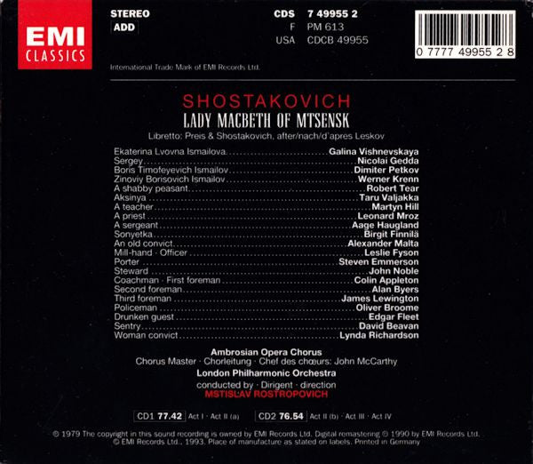 Dmitri Shostakovich - Galina Vishnevskaya, Nicolai Gedda, Dimiter Petkov, The Ambrosian Opera Chorus, London Philharmonic Orchestra, Mstislav Rostropovich : Lady Macbeth Of Mtsensk (2xCD + Box, Album, RE, RM)