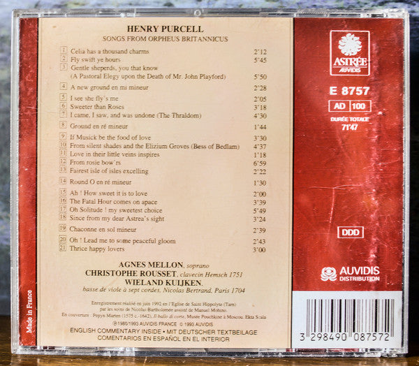 Henry Purcell - Agnès Mellon, Christophe Rousset, Wieland Kuijken : Songs From Orpheus Britannicus (CD, Album)
