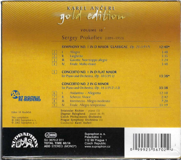 Karel Ančerl, The Prague Symphony Orchestra, The Czech Philharmonic Orchestra, Sviatoslav Richter, Dagmar Baloghová : Sergei Prokofiev : Symphony No. 1 'Classical' / Piano Concertos Nos. 1 & 2 (CD, Comp, Mono, RM)